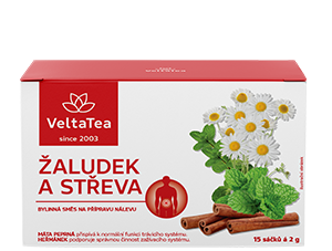 Obal funkčního čaje VeltaTea pro podporu žaludku a střev s názvem 'Žaludek a Střeva'. Krabička obsahuje obrázky přírodních ingrediencí, jako jsou heřmánek, máta peprná a skořice, zaměřené na podporu zdraví trávicího systému. Obsahuje 15 sáčků, každý o hmotnosti 2 g.